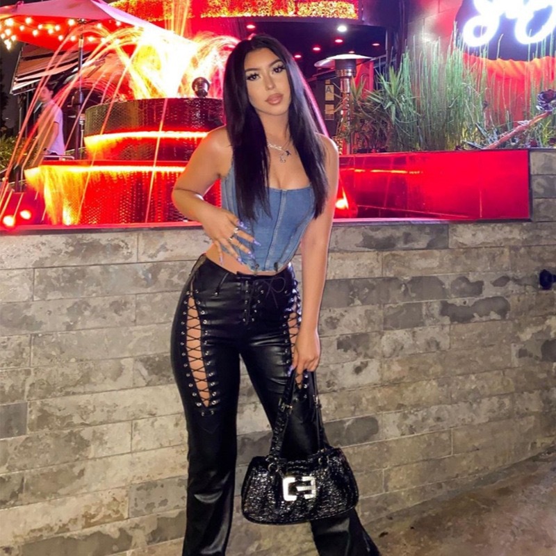 2021 European and American Fashion &amp; Trend Women&#039;s New High Waist Hollow-out Strap Straight Ankle Tied Slim Fit Slim and Sexy Leather Pants