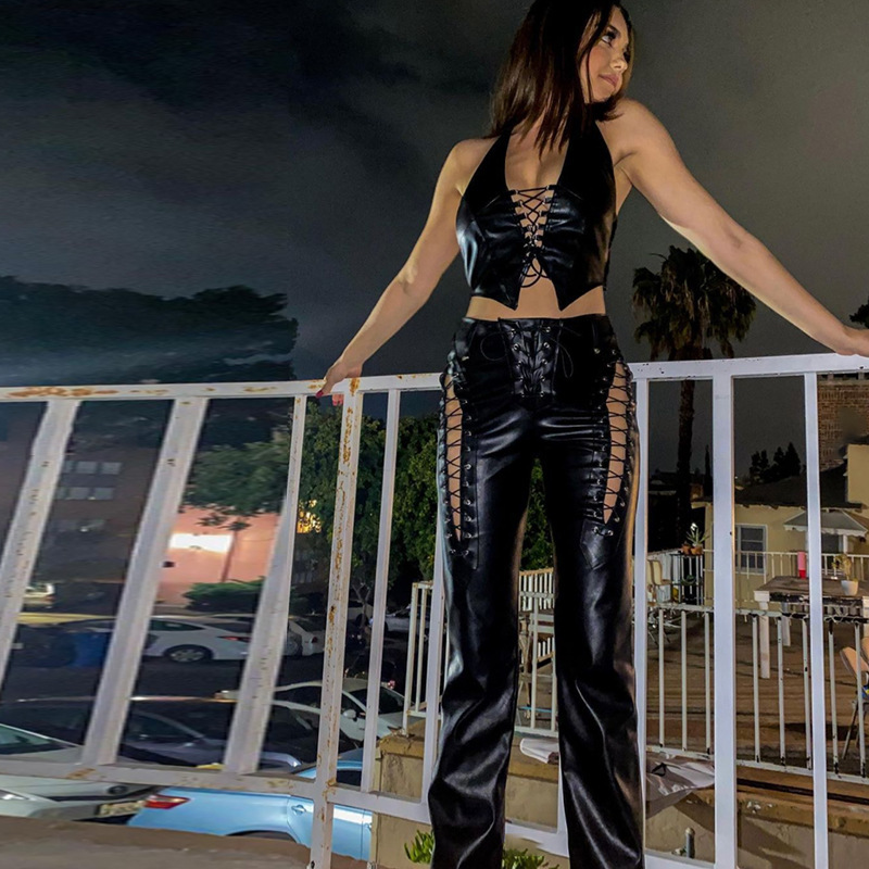 2021 European and American Fashion & Trend Women's New High Waist Hollow-out Strap Straight Ankle Tied Slim Fit Slim and Sexy Leather Pants 2021 European and American Fashion & Trend Women's New High Waist Hollow-out Strap Straight Ankle Tied Slim Fit Slim and Sexy Leather Pants