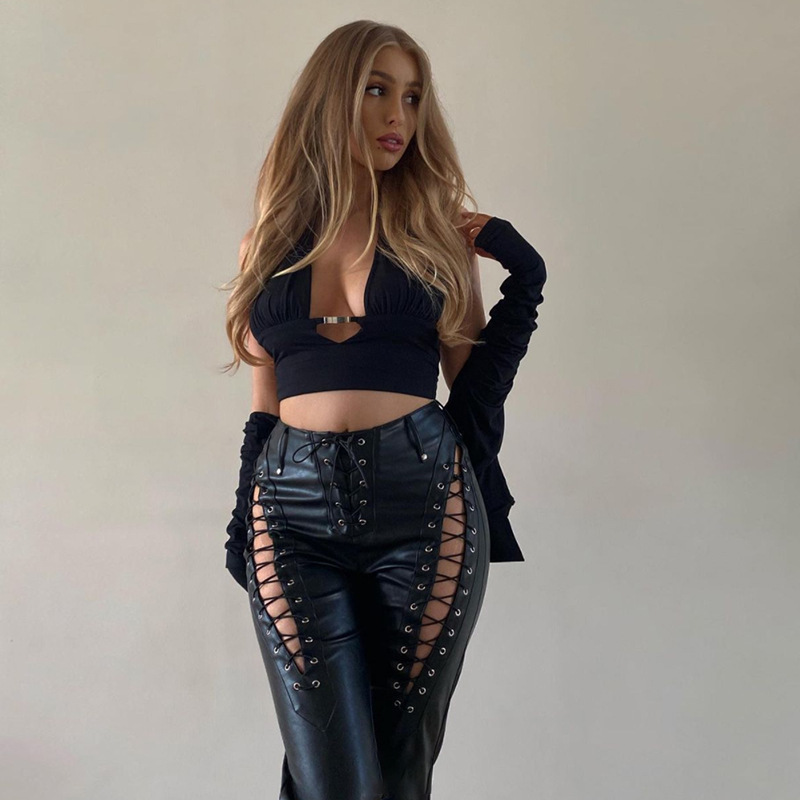 2021 European and American Fashion & Trend Women's New High Waist Hollow-out Strap Straight Ankle Tied Slim Fit Slim and Sexy Leather Pants 2021 European and American Fashion & Trend Women's New High Waist Hollow-out Strap Straight Ankle Tied Slim Fit Slim and Sexy Leather Pants
