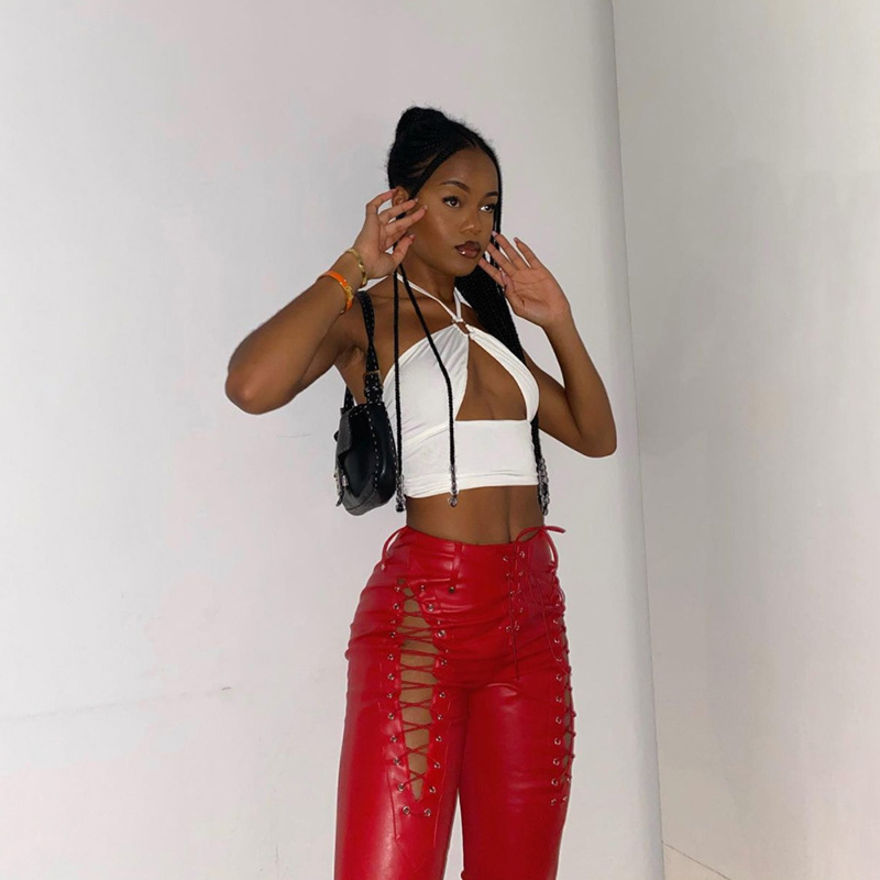2021 European and American Fashion & Trend Women's New High Waist Hollow-out Strap Straight Ankle Tied Slim Fit Slim and Sexy Leather Pants 2021 European and American Fashion & Trend Women's New High Waist Hollow-out Strap Straight Ankle Tied Slim Fit Slim and Sexy Leather Pants
