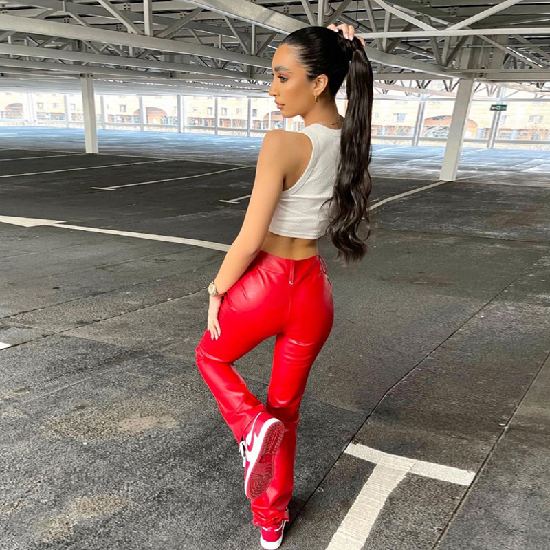 2021 European and American Fashion & Trend Women's New High Waist Hollow-out Strap Straight Ankle Tied Slim Fit Slim and Sexy Leather Pants 2021 European and American Fashion & Trend Women's New High Waist Hollow-out Strap Straight Ankle Tied Slim Fit Slim and Sexy Leather Pants