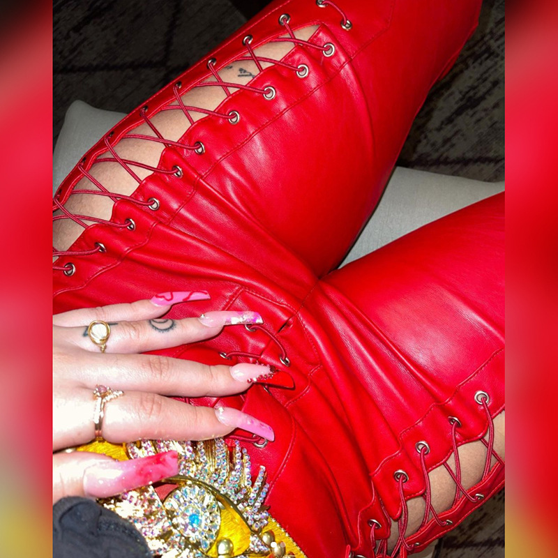 2021 European and American Fashion & Trend Women's New High Waist Hollow-out Strap Straight Ankle Tied Slim Fit Slim and Sexy Leather Pants 2021 European and American Fashion & Trend Women's New High Waist Hollow-out Strap Straight Ankle Tied Slim Fit Slim and Sexy Leather Pants