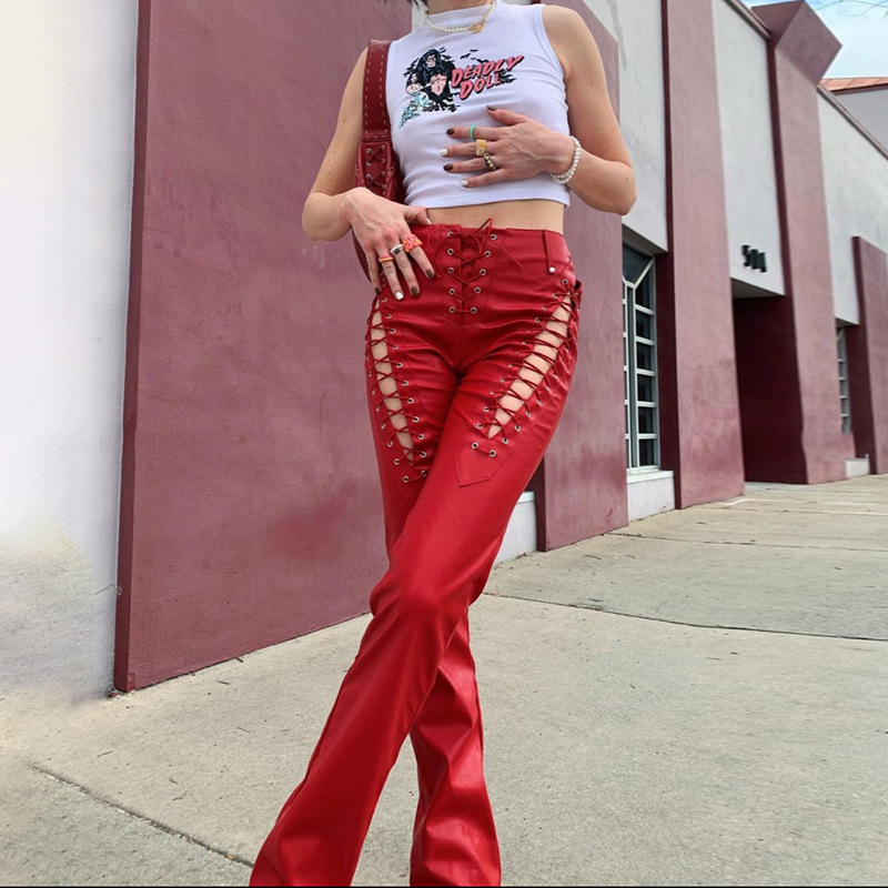 2021 European and American Fashion & Trend Women's New High Waist Hollow-out Strap Straight Ankle Tied Slim Fit Slim and Sexy Leather Pants 2021 European and American Fashion & Trend Women's New High Waist Hollow-out Strap Straight Ankle Tied Slim Fit Slim and Sexy Leather Pants
