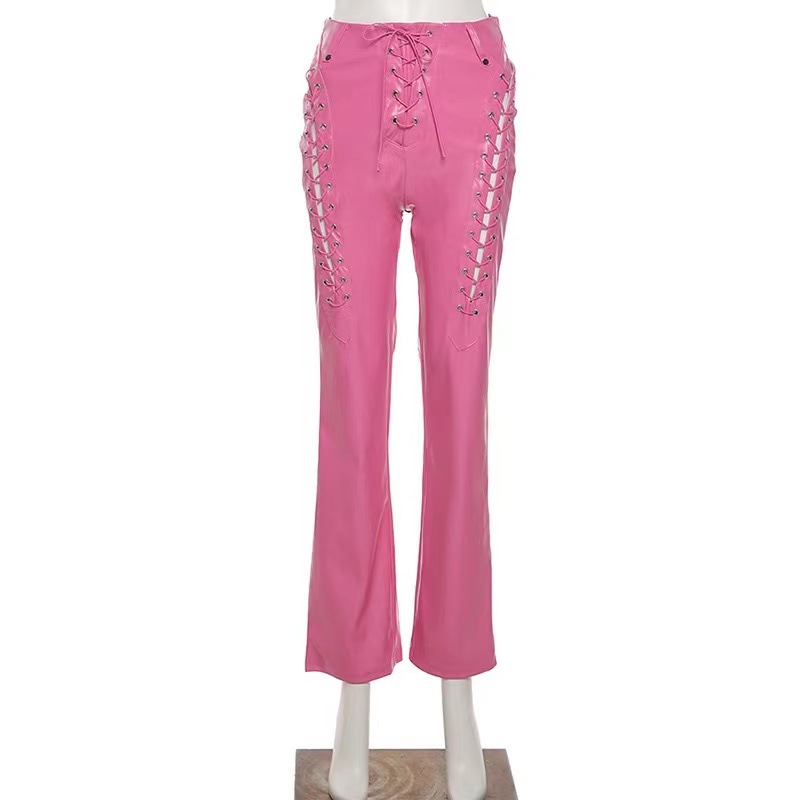 2021 European and American Fashion & Trend Women's New High Waist Hollow-out Strap Straight Ankle Tied Slim Fit Slim and Sexy Leather Pants 2021 European and American Fashion & Trend Women's New High Waist Hollow-out Strap Straight Ankle Tied Slim Fit Slim and Sexy Leather Pants