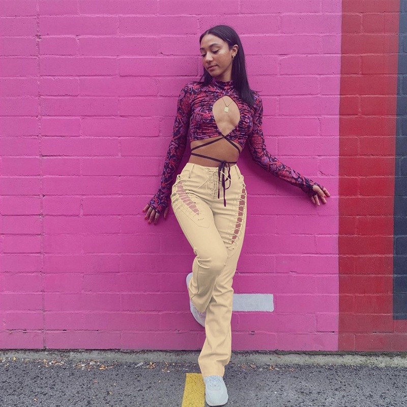 2021 European and American Fashion & Trend Women's New High Waist Hollow-out Strap Straight Ankle Tied Slim Fit Slim and Sexy Leather Pants 2021 European and American Fashion & Trend Women's New High Waist Hollow-out Strap Straight Ankle Tied Slim Fit Slim and Sexy Leather Pants