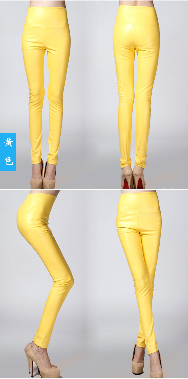 Real Shot Autumn and Winter Foreign Trade Solid Color PU Leather Outer Wear Solid Color High Waist Tight Leather Pants plus Velvet Thick Leggings
