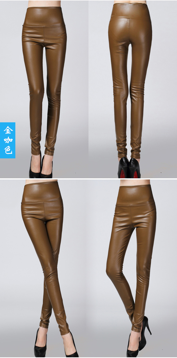 Real Shot Autumn and Winter Foreign Trade Solid Color PU Leather Outer Wear Solid Color High Waist Tight Leather Pants plus Velvet Thick Leggings