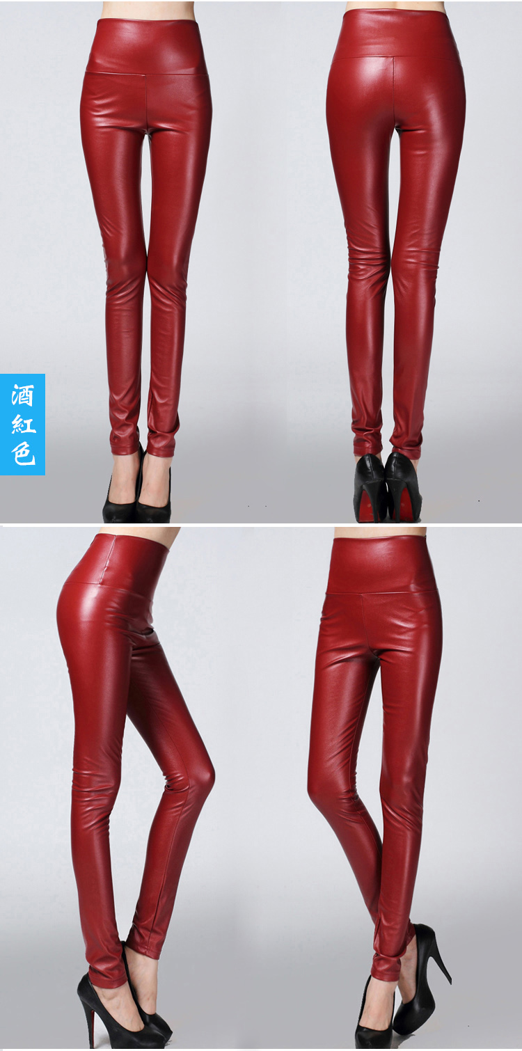 Real Shot Autumn and Winter Foreign Trade Solid Color PU Leather Outer Wear Solid Color High Waist Tight Leather Pants plus Velvet Thick Leggings