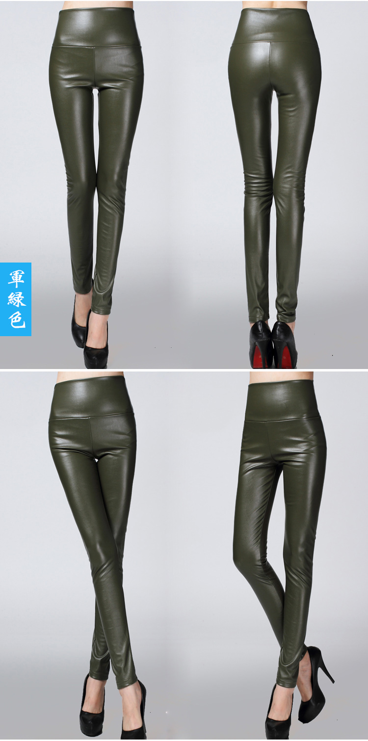 Real Shot Autumn and Winter Foreign Trade Solid Color PU Leather Outer Wear Solid Color High Waist Tight Leather Pants plus Velvet Thick Leggings