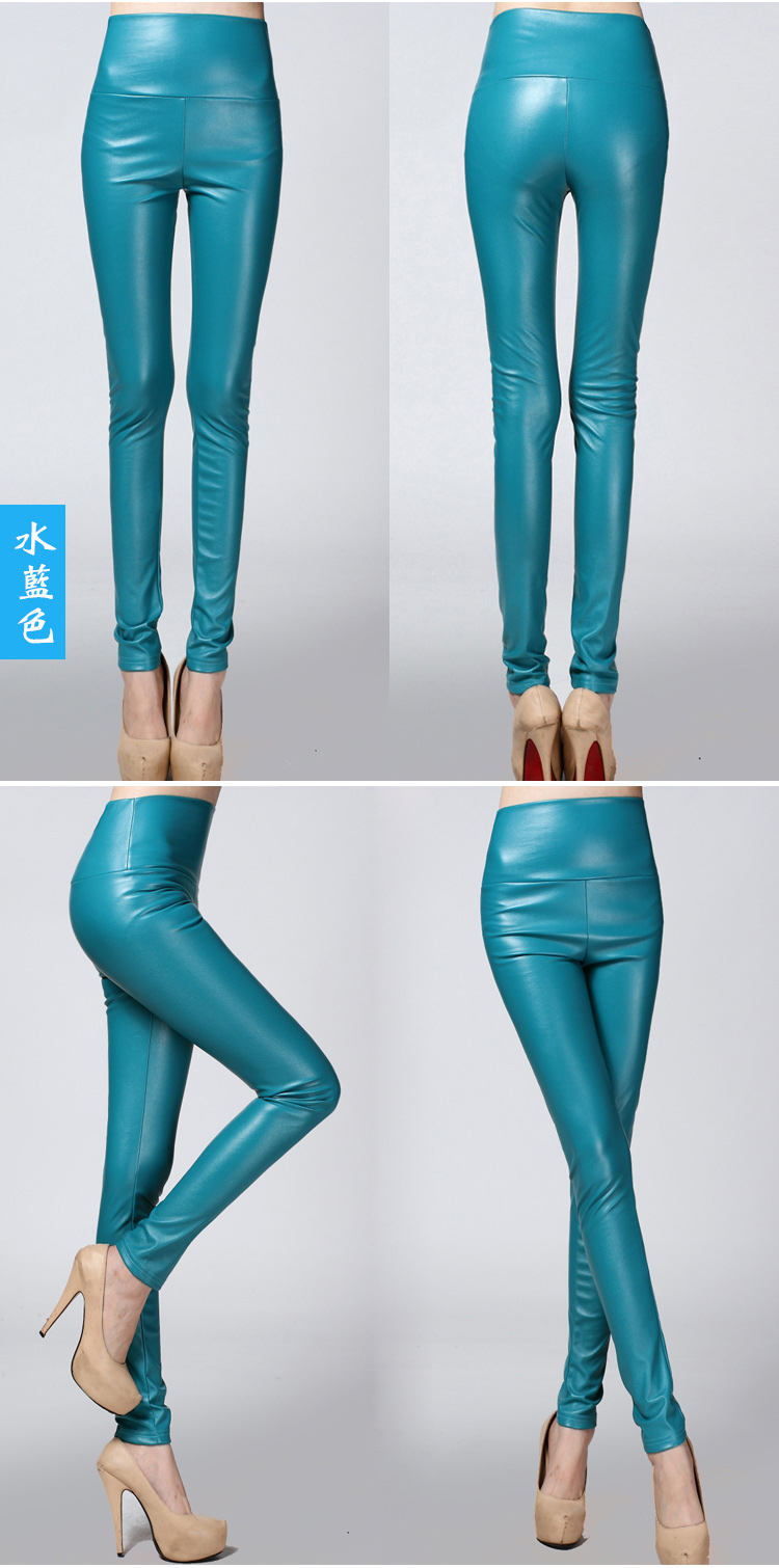 Real Shot Autumn and Winter Foreign Trade Solid Color PU Leather Outer Wear Solid Color High Waist Tight Leather Pants plus Velvet Thick Leggings