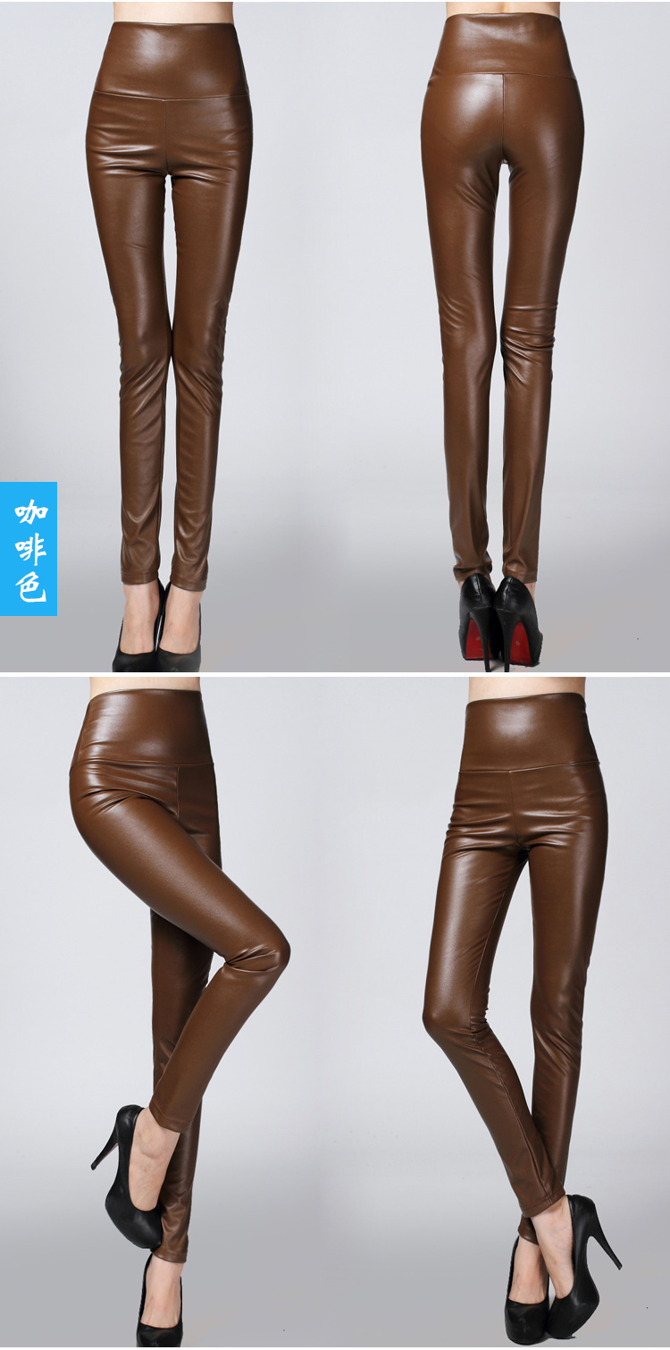 Real Shot Autumn and Winter Foreign Trade Solid Color PU Leather Outer Wear Solid Color High Waist Tight Leather Pants plus Velvet Thick Leggings