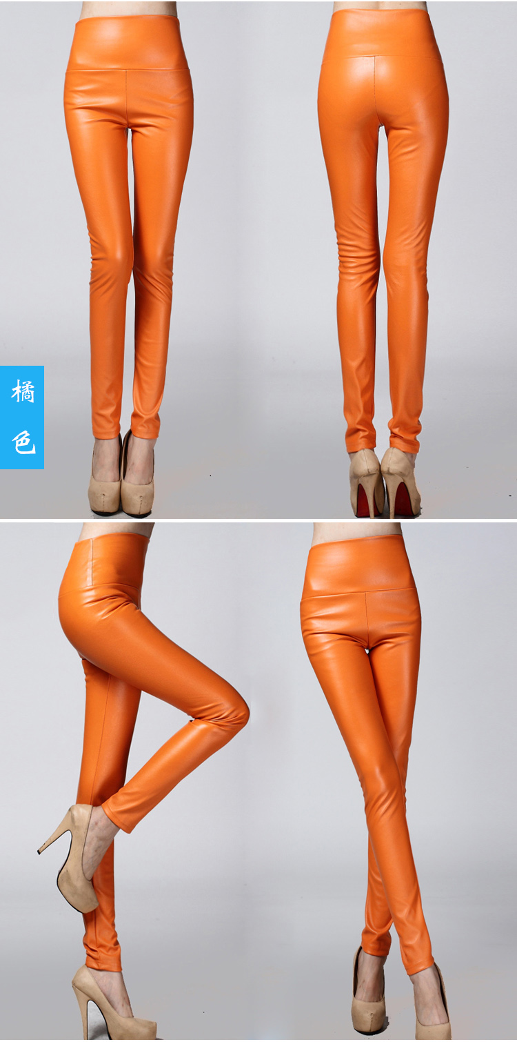 Real Shot Autumn and Winter Foreign Trade Solid Color PU Leather Outer Wear Solid Color High Waist Tight Leather Pants plus Velvet Thick Leggings