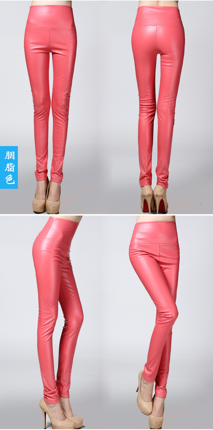 Real Shot Autumn and Winter Foreign Trade Solid Color PU Leather Outer Wear Solid Color High Waist Tight Leather Pants plus Velvet Thick Leggings
