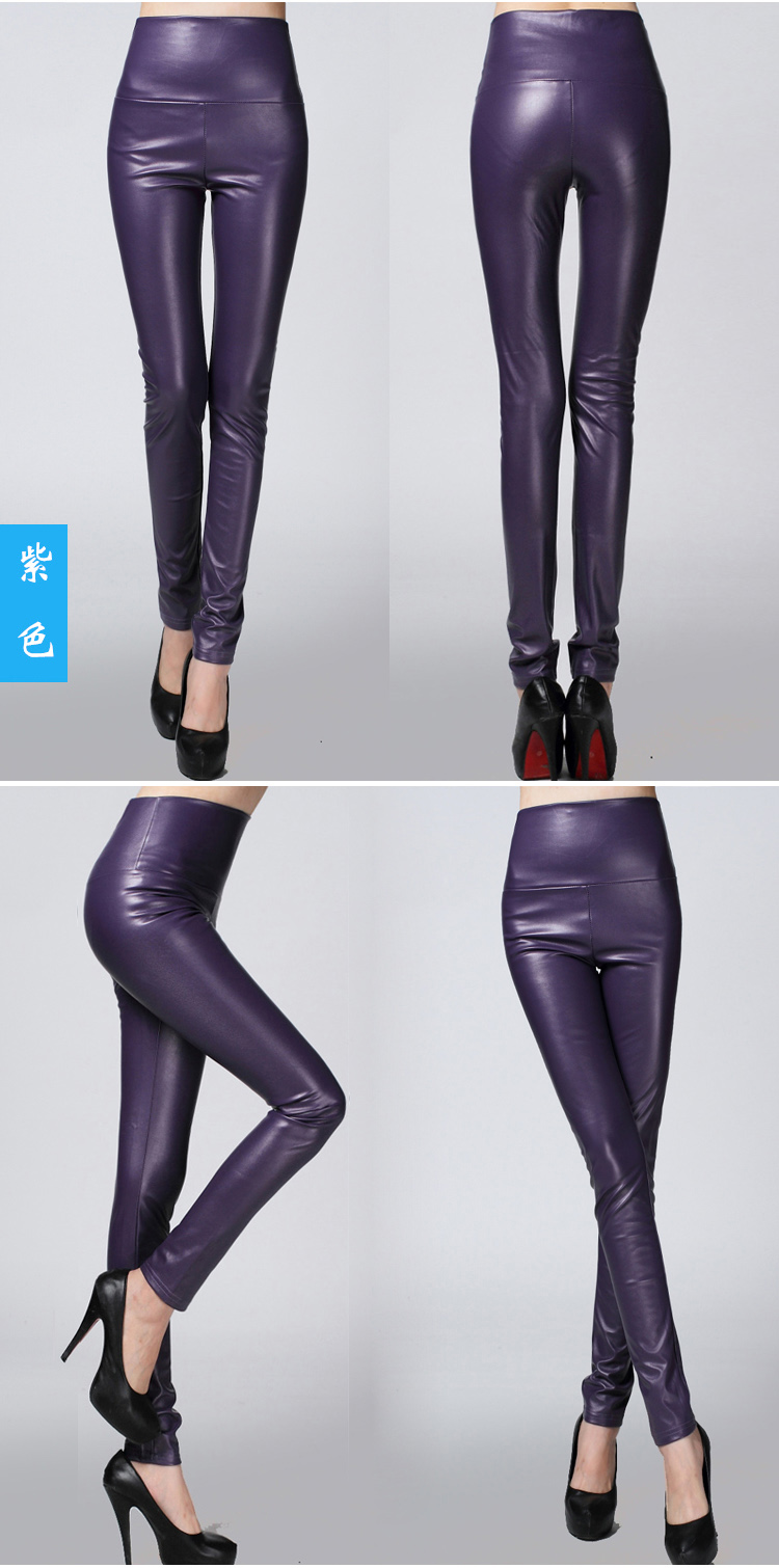Real Shot Autumn and Winter Foreign Trade Solid Color PU Leather Outer Wear Solid Color High Waist Tight Leather Pants plus Velvet Thick Leggings