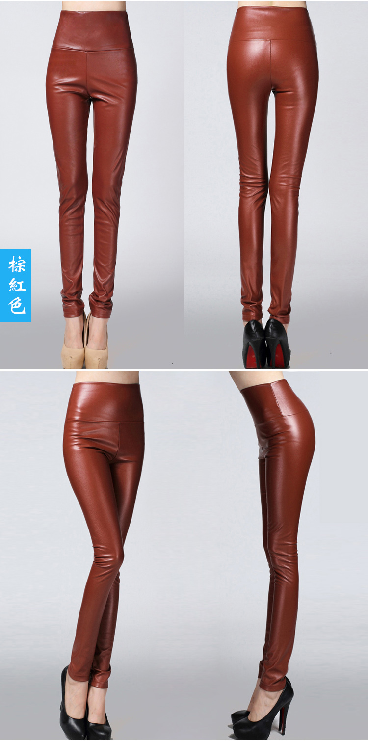 Real Shot Autumn and Winter Foreign Trade Solid Color PU Leather Outer Wear Solid Color High Waist Tight Leather Pants plus Velvet Thick Leggings
