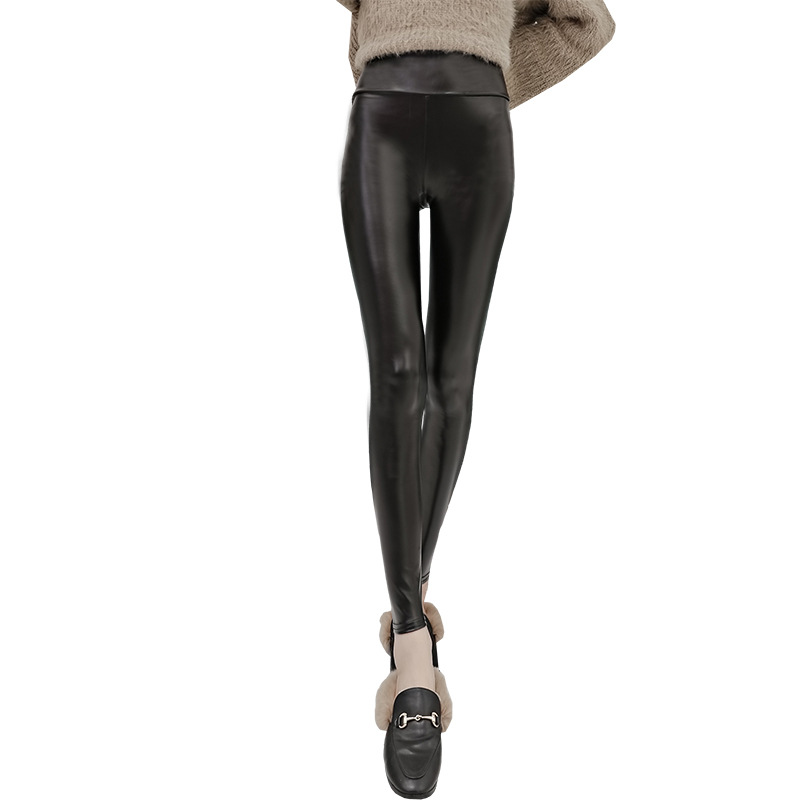 Leather Pants Women&#039;s Spring and Autumn High Waist Velvet Thickening Non-Split Leather Leggings Stretch Slimming Skinny Pants plus Size plus-Sized Trousers