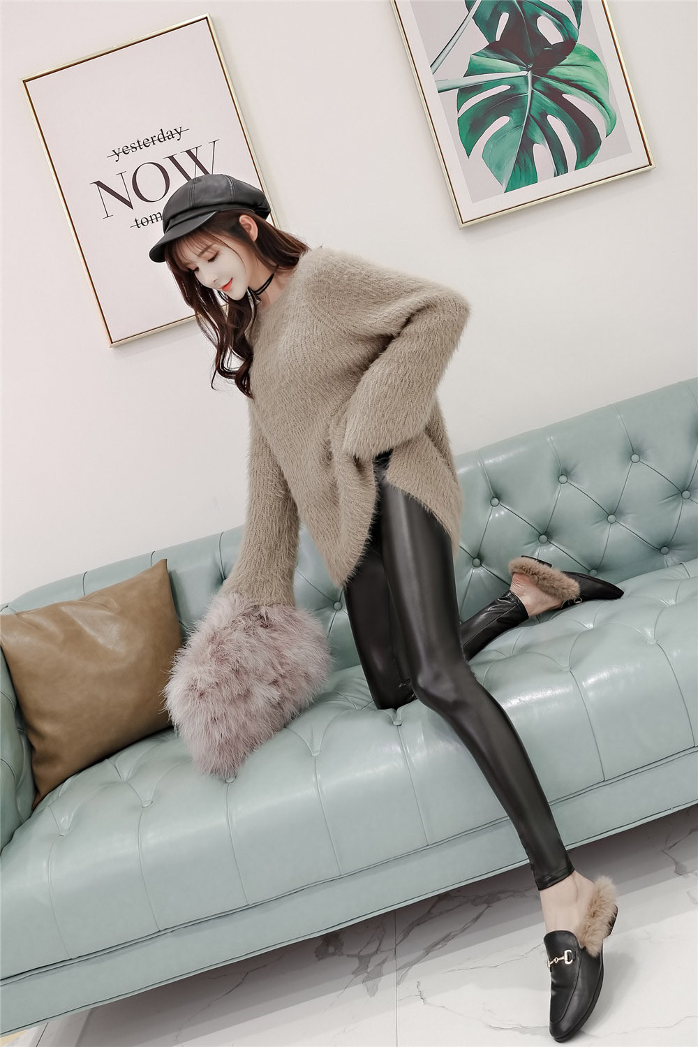 Leather Pants Women's Spring and Autumn High Waist Velvet Thickening Non-Split Leather Leggings Stretch Slimming Skinny Pants plus Size plus-Sized Trousers