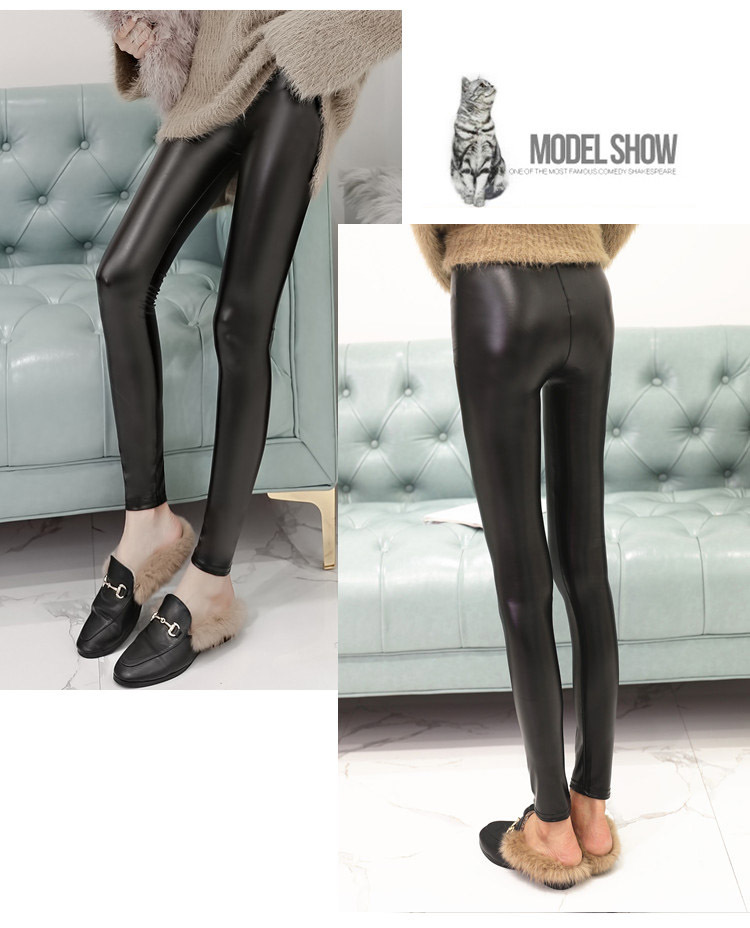 Leather Pants Women's Spring and Autumn High Waist Velvet Thickening Non-Split Leather Leggings Stretch Slimming Skinny Pants plus Size plus-Sized Trousers