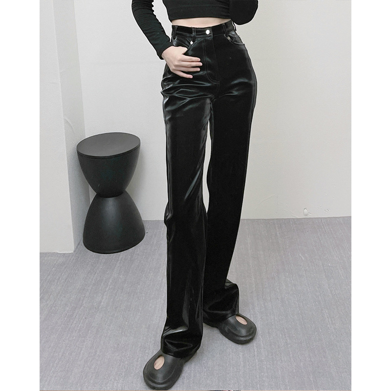 2022 Spring New Niche Design Liquid Future Light Sense Leather Pants Women&#039;s European and American High Waist Straight Casual Trousers