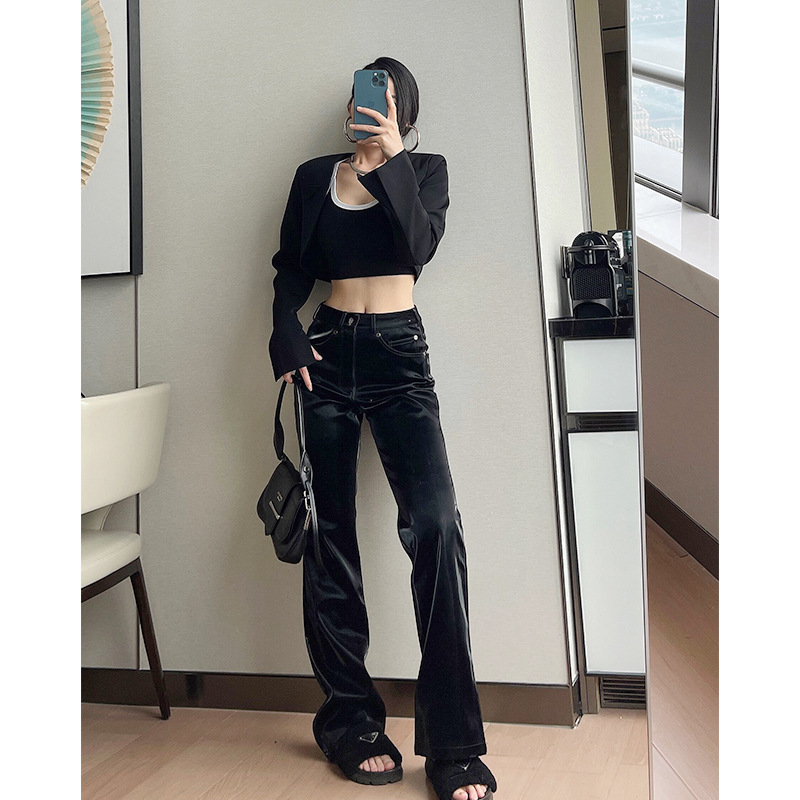 2022 Spring New Niche Design Liquid Future Light Sense Leather Pants Women&#039;s European and American High Waist Straight Casual Trousers