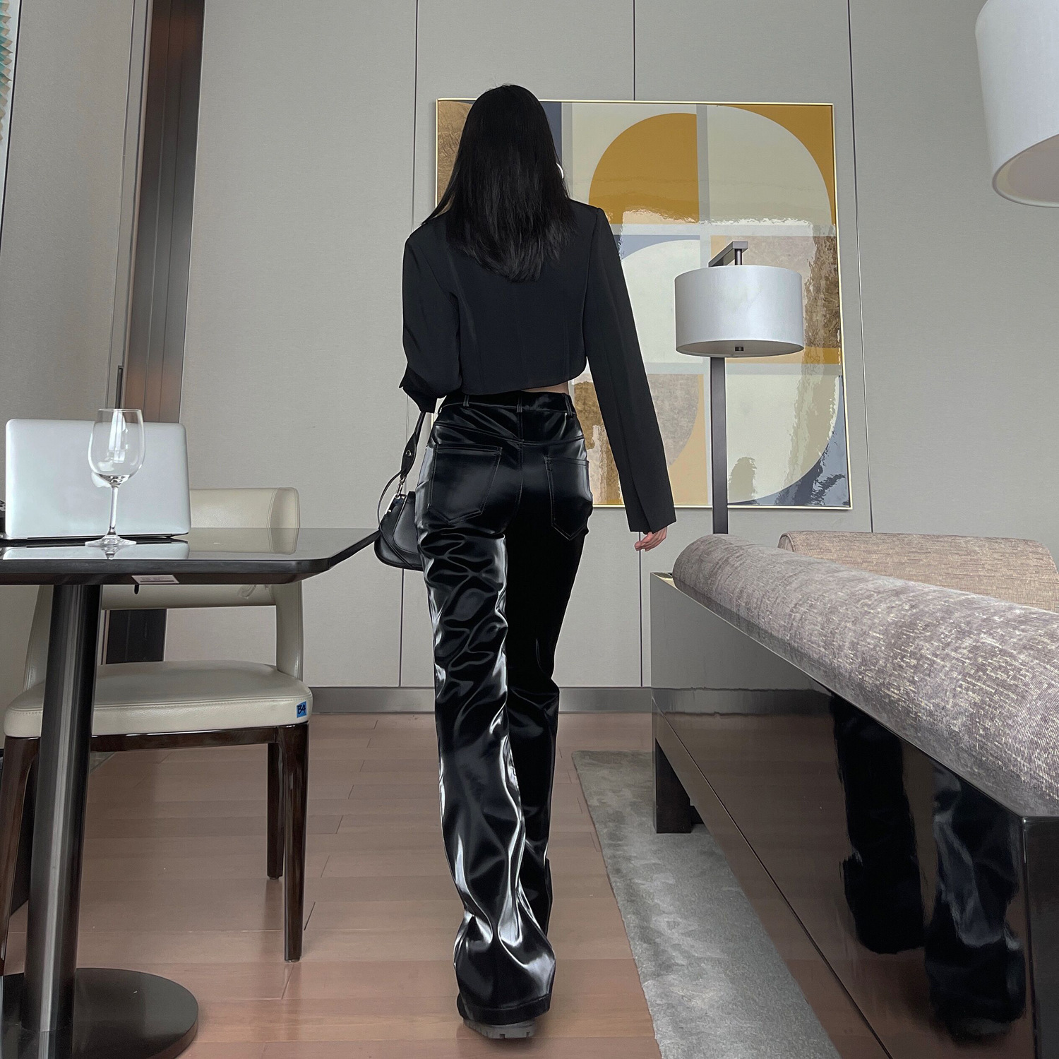 2022 Spring New Niche Design Liquid Future Light Sense Leather Pants Women's European and American High Waist Straight Casual Trousers
