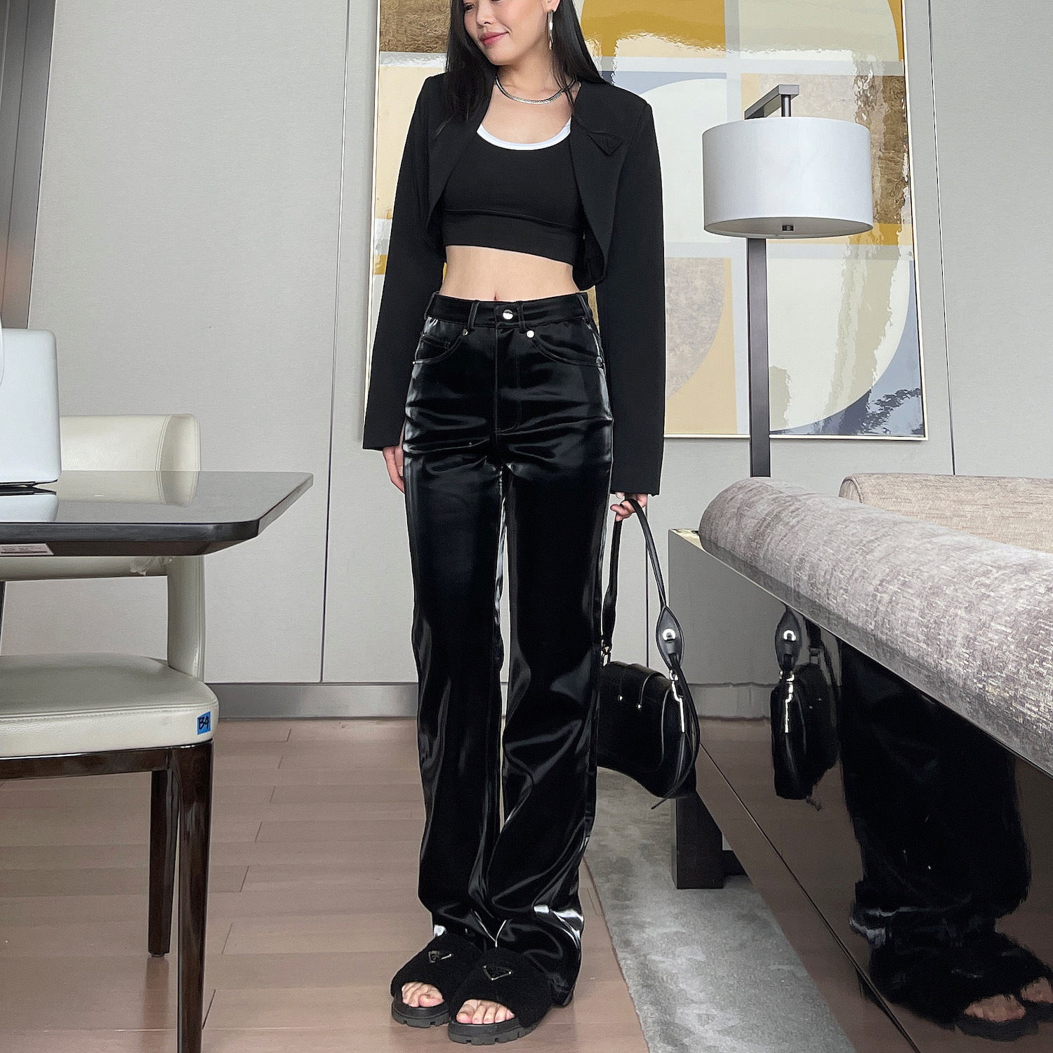 2022 Spring New Niche Design Liquid Future Light Sense Leather Pants Women's European and American High Waist Straight Casual Trousers