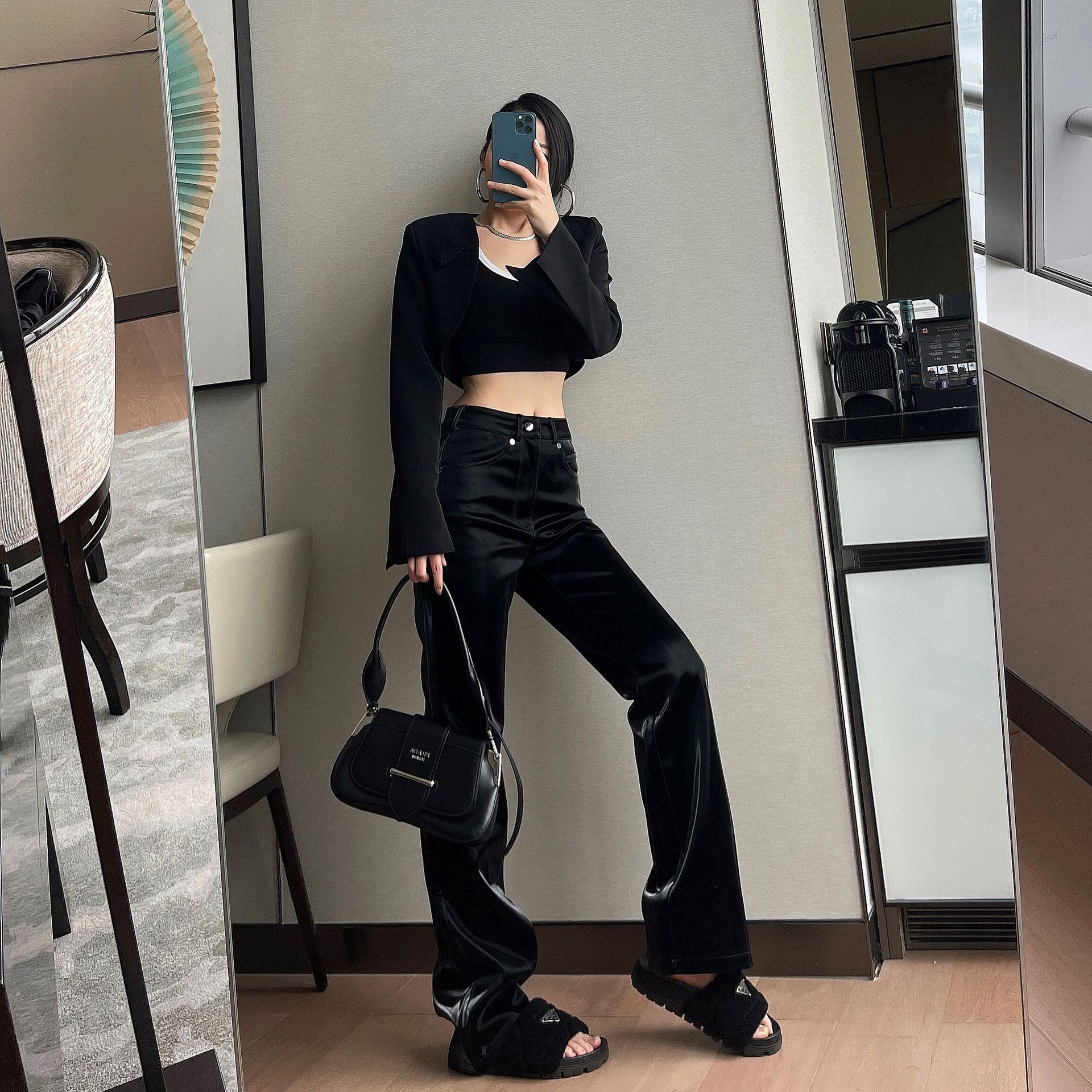 2022 Spring New Niche Design Liquid Future Light Sense Leather Pants Women's European and American High Waist Straight Casual Trousers