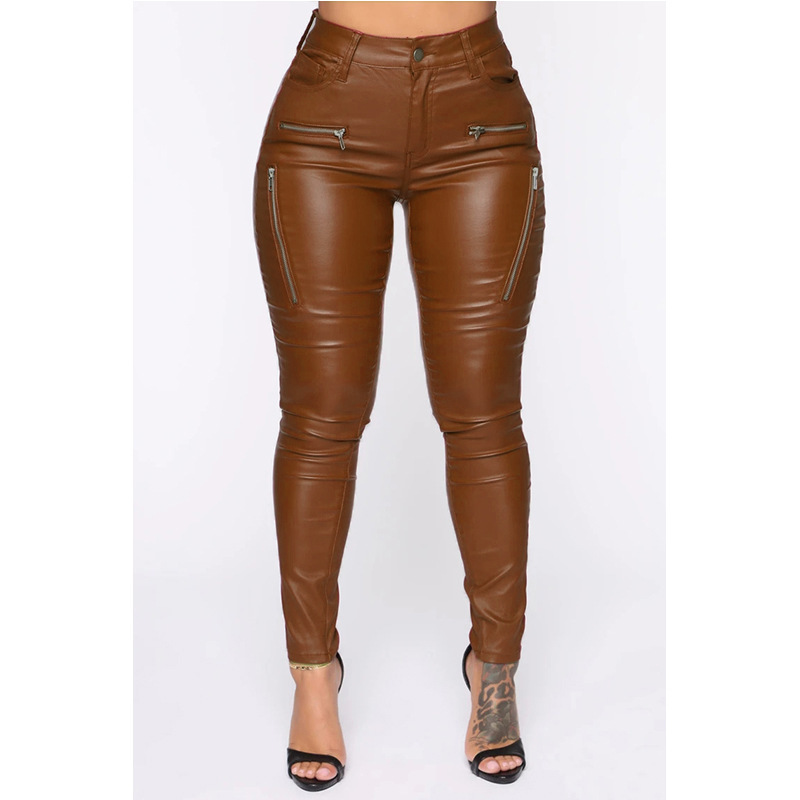 2021 European and American Fashion Tight Casual Belt Pocket Wish New Tapered Pants Women&#039;s Zipper Mid Waist Leather Pants