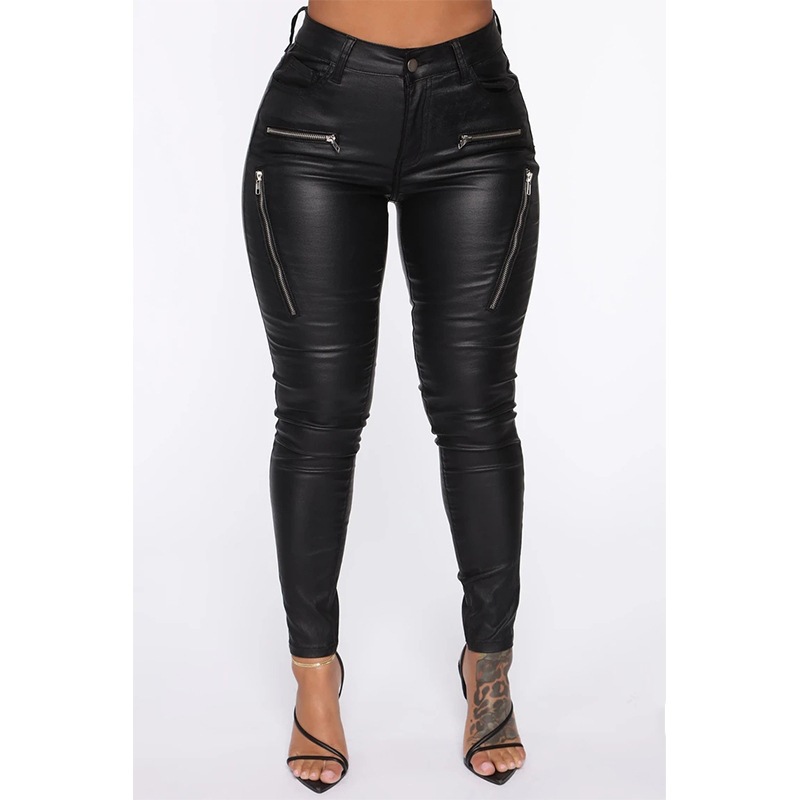 2021 European and American Fashion Tight Casual Belt Pocket Wish New Tapered Pants Women&#039;s Zipper Mid Waist Leather Pants