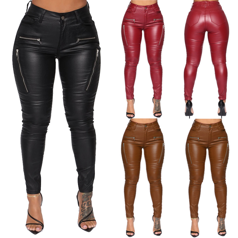 2021 European and American Fashion Tight Casual Belt Pocket Wish New Tapered Pants Women's Zipper Mid Waist Leather Pants 2021 European and American Fashion Tight Casual Belt Pocket Wish New Tapered Pants Women's Zipper Mid Waist Leather Pants
