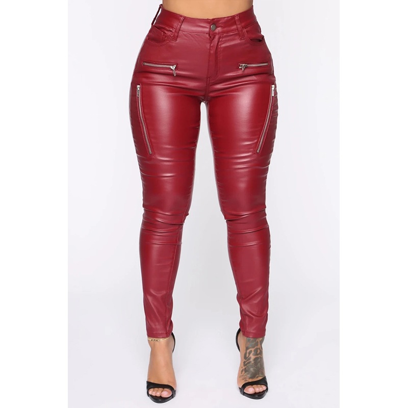 2021 European and American Fashion Tight Casual Belt Pocket Wish New Tapered Pants Women's Zipper Mid Waist Leather Pants 2021 European and American Fashion Tight Casual Belt Pocket Wish New Tapered Pants Women's Zipper Mid Waist Leather Pants