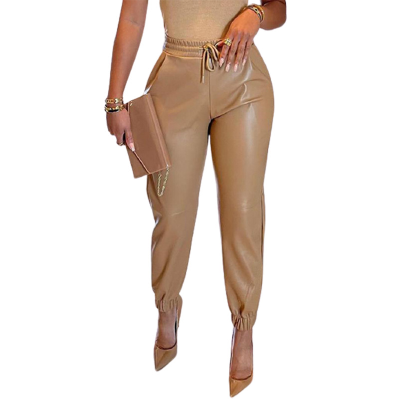 2022 Spring/Summer European and American Amazon New Solid Color Drawstring Pocket PU Leather Casual Fashion Ankle-Tied Leather Pants Trousers for Women