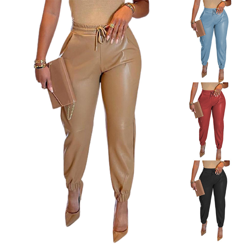 2022 Spring/Summer European and American Amazon New Solid Color Drawstring Pocket PU Leather Casual Fashion Ankle-Tied Leather Pants Trousers for Women
