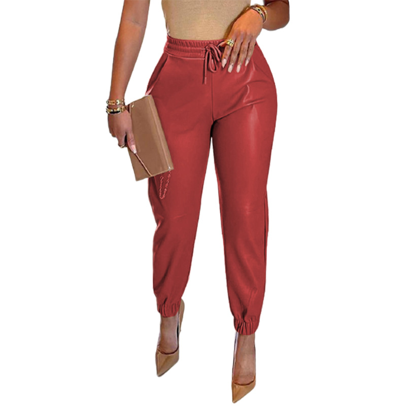 2022 Spring/Summer European and American Amazon New Solid Color Drawstring Pocket PU Leather Casual Fashion Ankle-Tied Leather Pants Trousers for Women