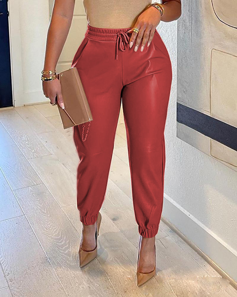 2022 Spring/Summer European and American Amazon New Solid Color Drawstring Pocket PU Leather Casual Fashion Ankle-Tied Leather Pants Trousers for Women