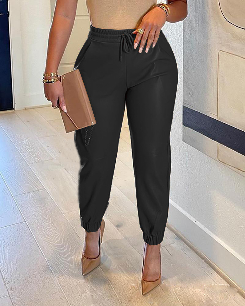 2022 Spring/Summer European and American Amazon New Solid Color Drawstring Pocket PU Leather Casual Fashion Ankle-Tied Leather Pants Trousers for Women