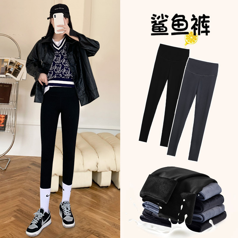 202 New Velvet Padded Leggings Women&#039;s Outer Wear Autumn and Winter Shark Leather Pants Thickened Cropped Barbie Skinny Yoga Pants