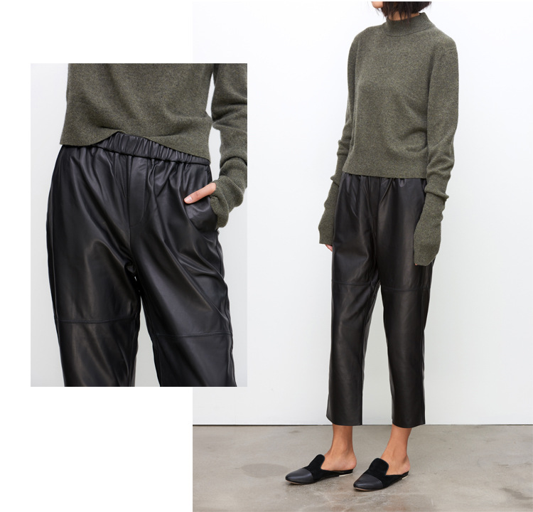 2017 European and American Autumn New Haining Genuine Leather Pants Women's Mid-Waisted Figure Flattering Sheepskin Harem Pants Cropped Pants