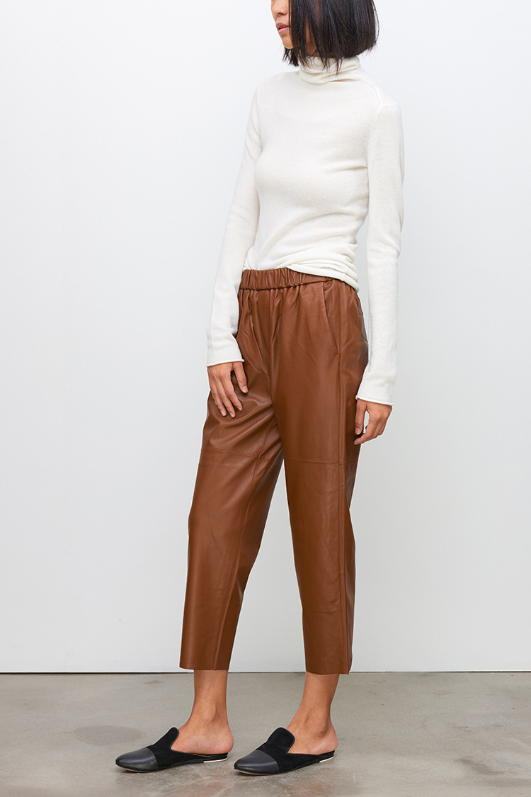 2017 European and American Autumn New Haining Genuine Leather Pants Women's Mid-Waisted Figure Flattering Sheepskin Harem Pants Cropped Pants