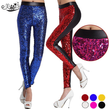 The new high-waisted imitation leather patchwork leather pants of European and American women&#039;s clothing in the spri