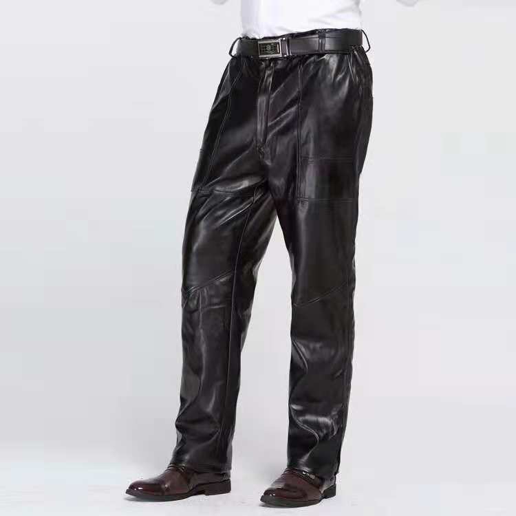 Men&#039;s straight leg leggings knee pads, fleece thickened cold insulation pu leather pants vinegar leather pants