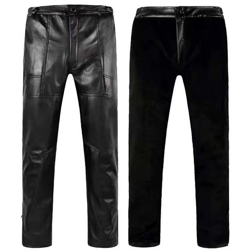 Men&#039;s straight leg leggings knee pads, fleece thickened cold insulation pu leather pants vinegar leather pants