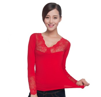 Lace v-neck, 37c thermostatic thermal underwear, women&#039;s thin cotton sweater with sole, shape-fitting blouse
