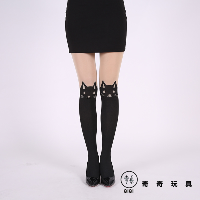 European and American Fashion Lady Sexy Attractive Black Cat Printing High Waist Stockings Pantyhose Stockings Factory Wholesale