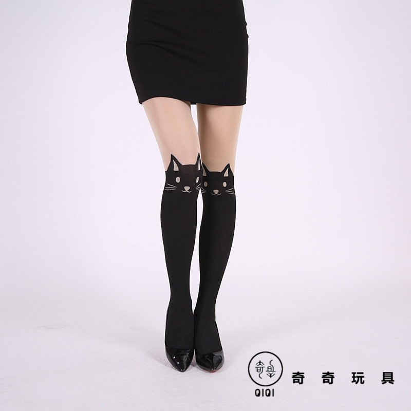 European and American Fashion Lady Sexy Attractive Black Cat Printing High Waist Stockings Pantyhose Stockings Factory Wholesale