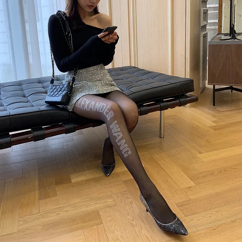 Black Silk Stockings Women's Letter Printing Flocking Rhinestone Thin Internet Celebrity Ins New Pantyhose Anti-Snagging Arbitrary Cut