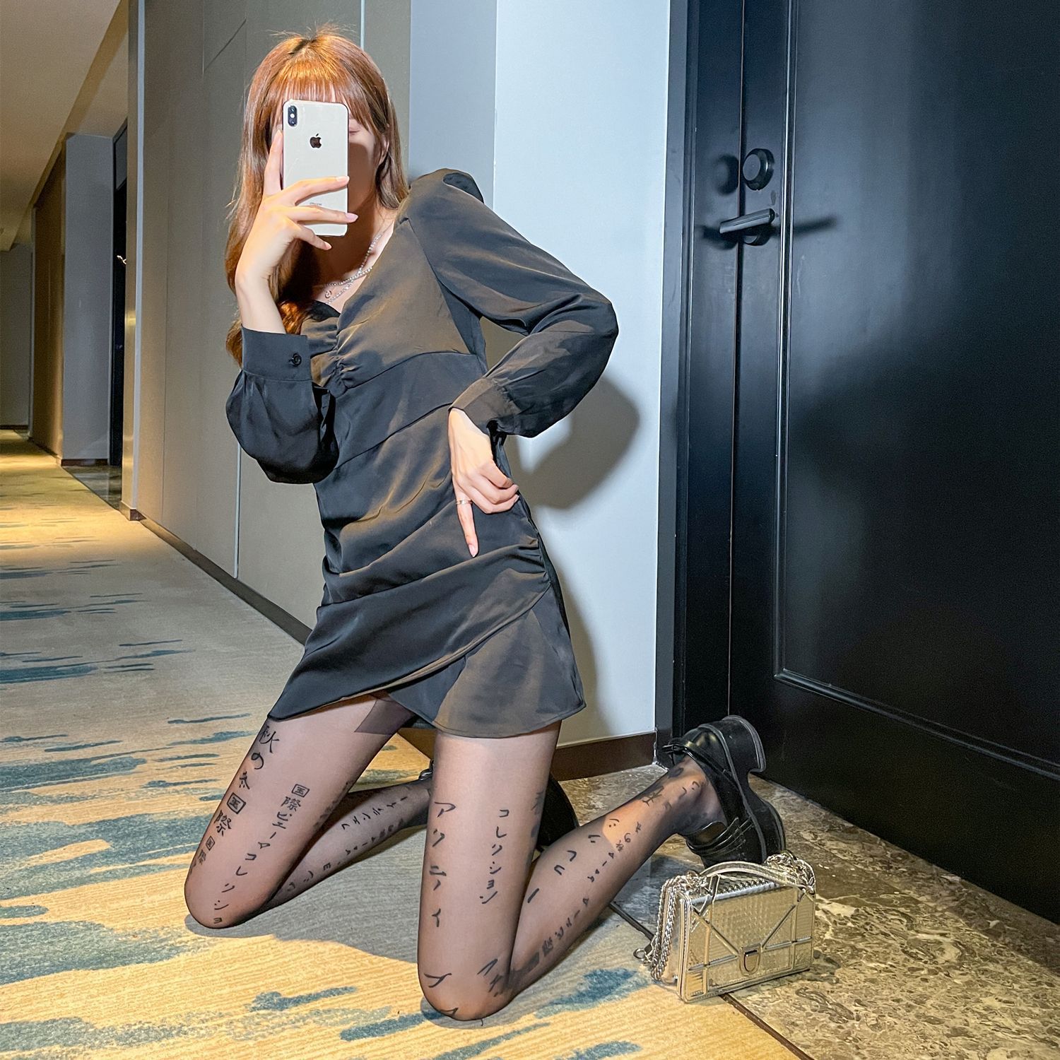 Black Silk Stockings Women's Letter Printing Flocking Rhinestone Thin Internet Celebrity Ins New Pantyhose Anti-Snagging Arbitrary Cut