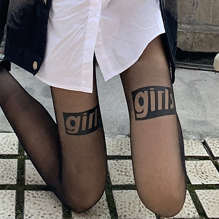 Black Silk Stockings Women's Letter Printing Flocking Rhinestone Thin Internet Celebrity Ins New Pantyhose Anti-Snagging Arbitrary Cut