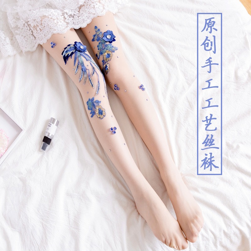 Hand-Embroidered Flowers Style Cherry Blue Enchantress Pattern Anti-Snagging Mask Socks Stockings Pantyhose for Women