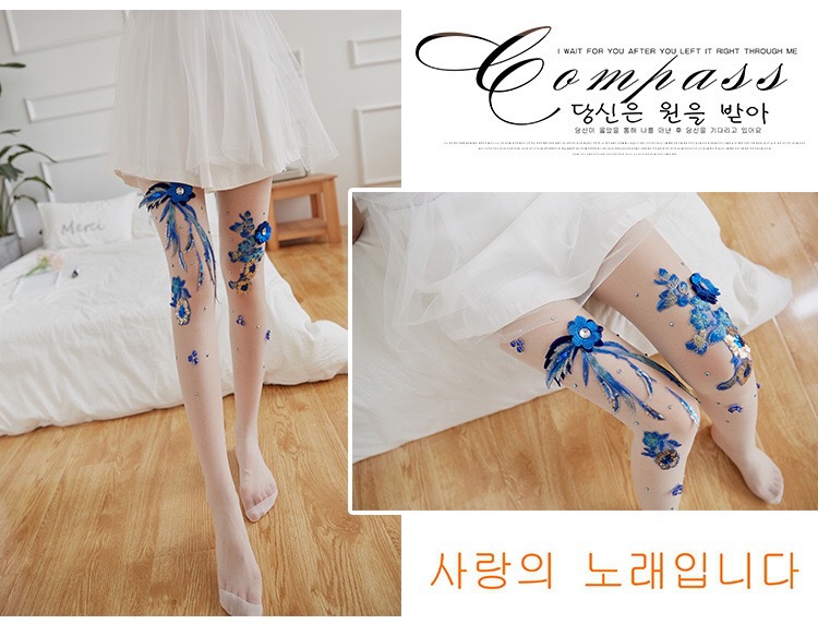 Hand-Embroidered Flowers Style Cherry Blue Enchantress Pattern Anti-Snagging Mask Socks Stockings Pantyhose for Women